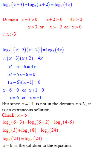 Domain x > 3, x^2 - 5x - 6 = 0; x = 6, -1; is -1 > 3 - no, x = 6 