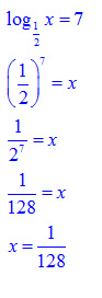 one-half to the 7th power = x, 1/128 = x