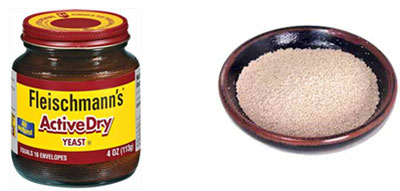 Pictures show bottle of Fleischmann's Active Dry yeast and a bowl full of dry yeast.