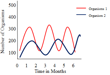 Graph showing number of organisms when the two organisms live together. In this graph when one organism population goes up the second organisms also goes in up the next month.