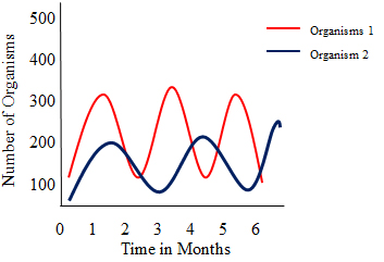 Graph showing number of organisms when the two organisms live together. In this graph when one organism population goes up the second organisms also goes in up the next month.