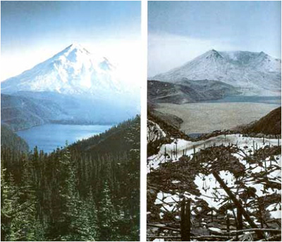 Image shows Mount Saint Helens before and after the eruption