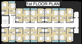 Image shows many apartments on one floor of an apartment building