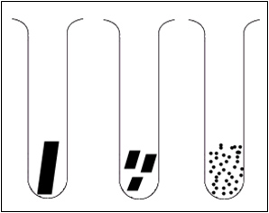 3 test tubes. One test tube has a large piece of calcium carbonate. One test tube has three smaller pieces of calcium carbonate. The third has several tiny pieces of calcium carbonate