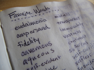 list of words in a note; the heading at the top of the sheets reads “Favorite Words”