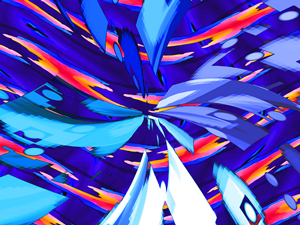 An abstract rendering of blue, white, and orange feathers floating and blending