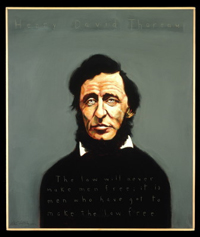 Painting of Henry David Thoreau. He had full round, black beard but no mustache. He has deeply set eyes and an expression of calm