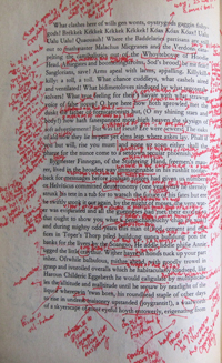 Photo of a book page showing marginal notes that have been written in red ink.