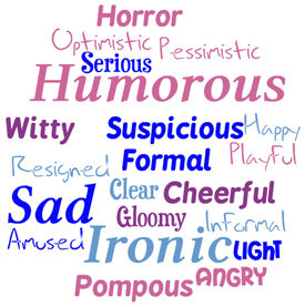 Word cloud made up of the following words: Amused, Humorous, Happy, Pessimistic, Angry, Informal, Playful, Cheerful, Ironic, Pompous, Horror, Light, Sad, Clear, Serious, Formal, Resigned, Suspicious, Gloomy, Optimistic, Witty