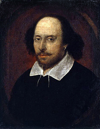A painted portrait of William Shakespeare. He is a middle aged man wearing a dark garment that has a white collar.