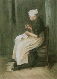 painting of a nineteenth-century woman sitting and sewing a garment; she wears a white head wrap, a dark green dress, and light-colored apron.