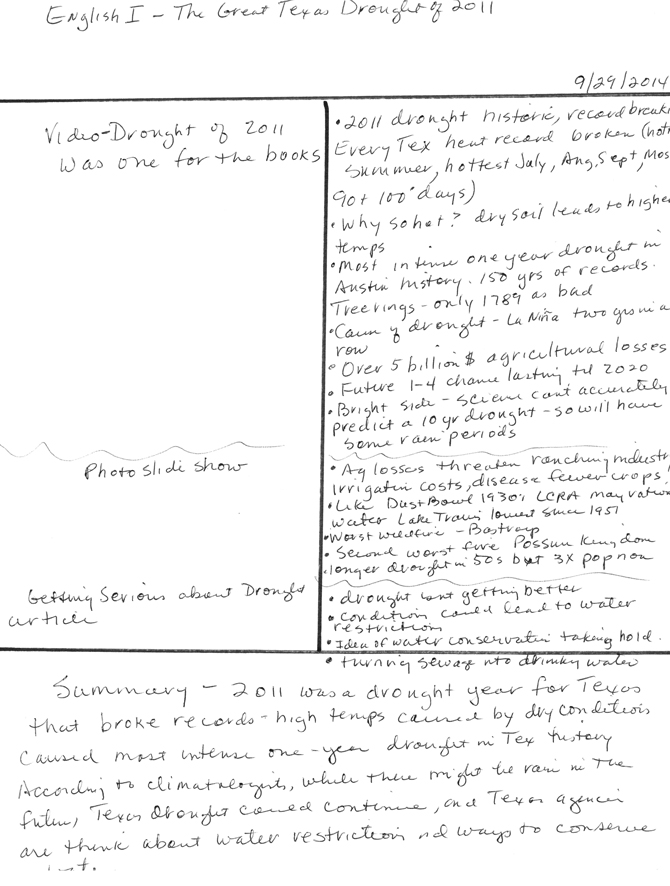 Handwritter notes written in Cornell Notes style on a piece of notebook paper