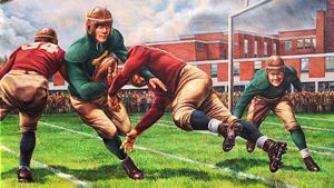 A mural showing players from the 1940s playing football, wearing leather helmets and heavy cleats