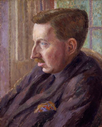 A portrait of the author E.M. Forster. He is a middle aged man and is shown wearing a suit and tie.