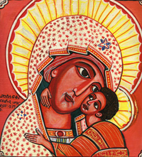 A Byzantine type religious icon painting of a sainted mother and child