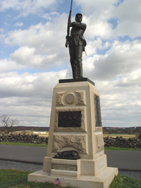 A photograph of a monument at the Gettysburg National Park. It shows a Civil War era soldier with his rifle raised.