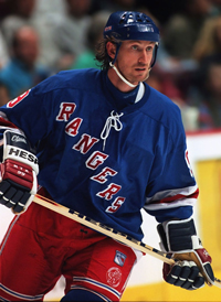 A photograph of professional ice hockey player Wayne Gretzky when he played for the New York Rangers team