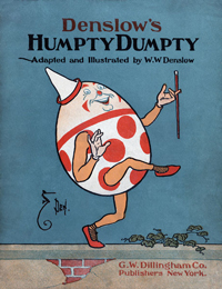 A cover of a 1930s musical 'Humpty Dumpty'. It shows an egg character happily dancing on a wall.