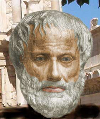 A computer generated image of the Greek philosopher Aristotle. The image is set into a photograph of ancient Greek ruins.