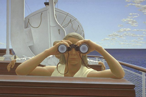 A painting of a woman holding a pair of binoculars to her eyes. They are pointed towards the viewer of the painting.