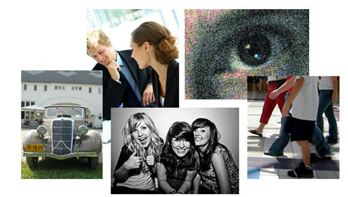 Collage of five photos. 1. A photograph of an old car viewed form the front. 2. A photograph of two people engaged in some business endeavor. They are smiling and appear to be friendly towards one another. 3. A photograph of three young women that appear to be good friends 4. A photograph of several people walking together 5. A photographic image of a sad or angry eye