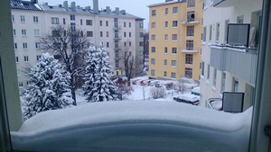 A photograph of a winter day taken from several floors up through a window.