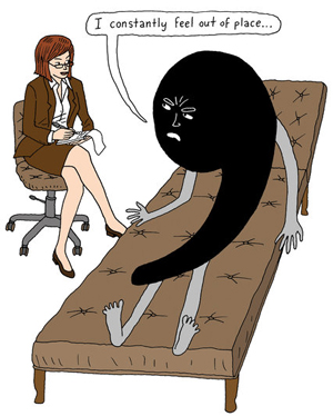  A cartoon of a comma on a therapist's couch. The comma is saying 'I onstantly feel out of place.'