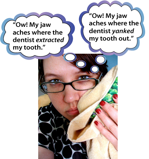 A woman with a sore tooth holds a bag of frozen peas to her cheek to take some of the ache away. Thought bubble contains sentences: “Ow! My jaw aches where the dentist extracted my tooth.” and “ Ow! My jaw ackes where the dentist yanked my tooth out.”