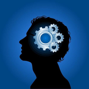 A silhouette of a man's head with gears working inside of it like he was in the act of thinking
