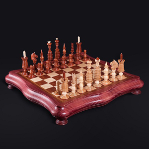 A photograph of a wooden chess set
