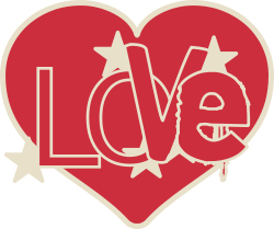 Illustration of the word LOVE inside a heart; it has stars around it and the “e” is slightly dripping from the heart.