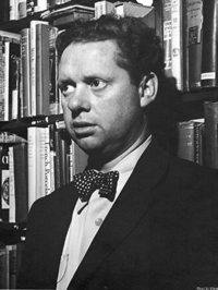 A photograph of Welsh poet Dylan Thomas. He is a man in his 30s wearing a jacket and bow tie.