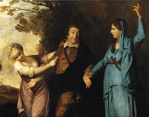 Two women appear on either side of a man in Elizabethan dress. The brunette woman wearing blue and carrying a sheathed knife in her belt represents “tragedy” and the other woman, a blonde, wears earthy colors and looser clothing. She represents “comedy.” Each woman tugs on the man.