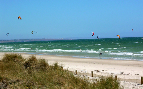 A beach with blue skies and deep blue-green water. Many hoop-shaped kites fly in the wind.