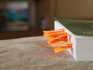 A closed book. There are dozens of sticky notes poking out from its pages.