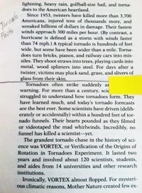 Photo of a page in a book. One section has a line drawn underneath it and “Tornado Facts” is handwritten in the left margin.