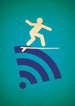 An icon showing a stick figure on a surfboard riding on the symbol for a wireless signal