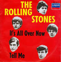 A photograph of the Rolling Stones record sleeve “It's All Over Now and Tell Me” It has cut outs of the band's faces set around the words