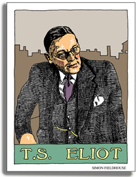 A drawing of the writer T.S. Eliot. He is wearing glasses, and a three piece suit.