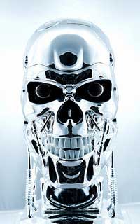 A photograph of a Terminator cyborg head. It is a metal skull with lens eyes and wires running through it.