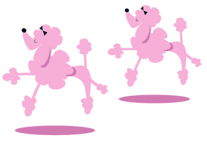 Two pink cartoon poodles prace along, one behind the other.