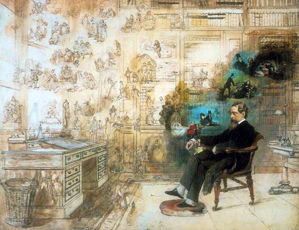 Charles Dickens seated in an old-fashioned office surrounded by wallpapers on which lots of figures are drawn.