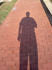 Image of man's shadow over a brick sidewalk