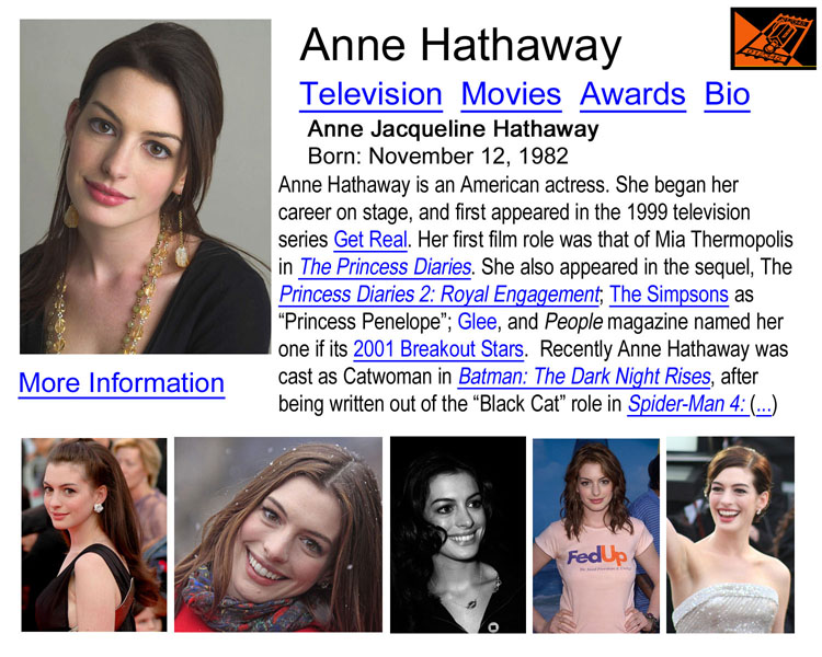 This is a webpage mockup, including a picture, description, and acting credits for the actress Anne Hathaway.