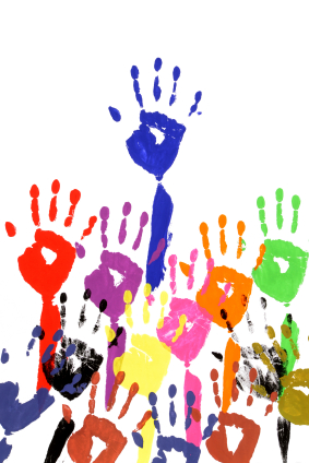 A design of handprints in bright colors of paint.