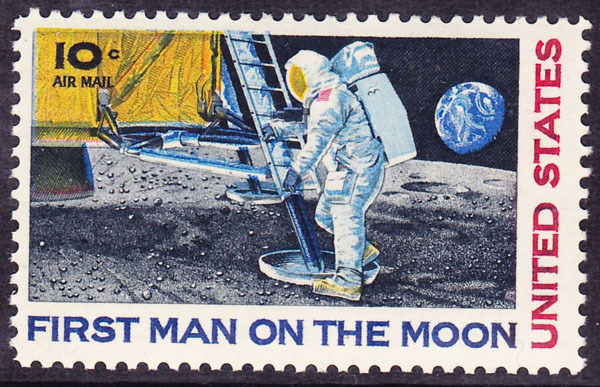image of a United States stamp that reads ‘First Man on the Moon.’