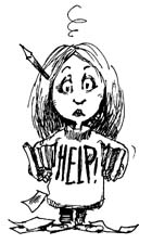 Cartoon of an overwhelmed student clutching books in each hand, wearing a sweatshirt with the word “Help!” emblazoned on it.
