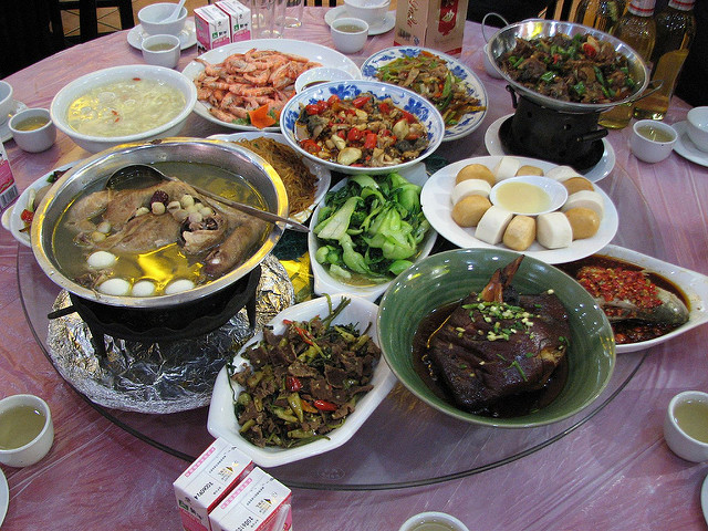 A variety of Chinese foods on a table