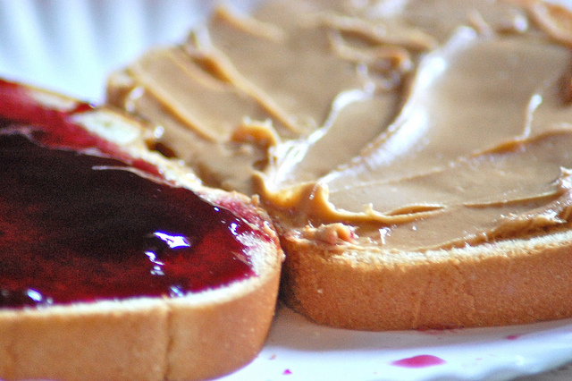 A photograph of a peanut butter and jelly sandwich