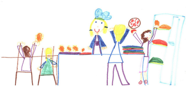 A colorful drawing of a cafeteria with the lunch lady and students